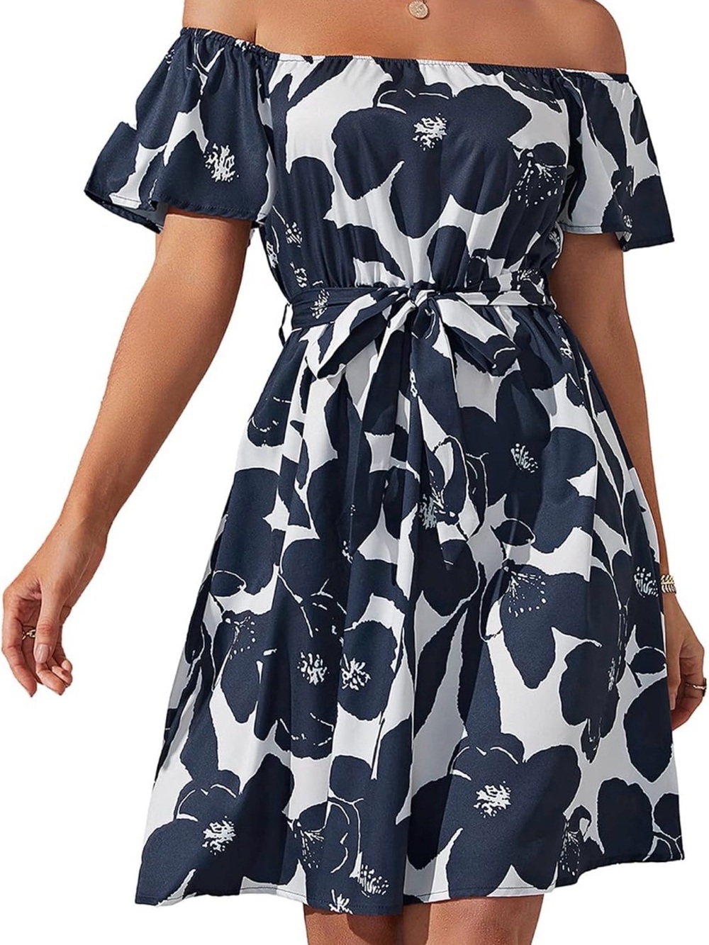 Off-Shoulder Navy Floral Tie-Waist Dress